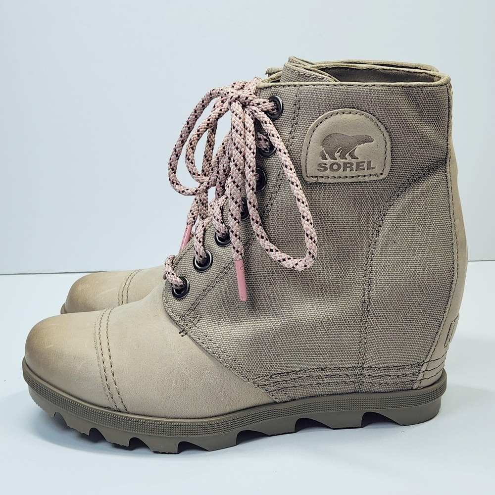 Sorel Boots Womens Size 8.5 Beige Canvas Leather Lace Up Wedge Ankle Booties - Picture 7 of 14